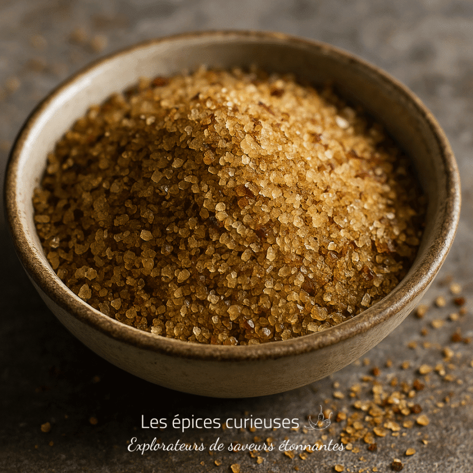 Bol en céramique rempli de sucre brun cristallisé, posé sur une surface en pierre grise.