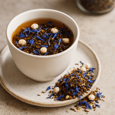 Tasse de thé infusée de pétales bleus et épices, présentée sur une soucoupe beige pour une touche naturelle et apaisante.