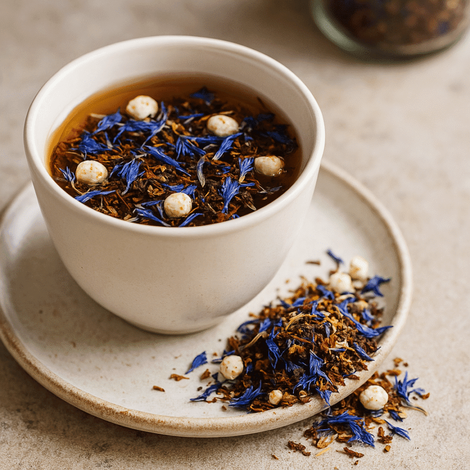 Tasse de thé infusée de pétales bleus et épices, présentée sur une soucoupe beige pour une touche naturelle et apaisante.