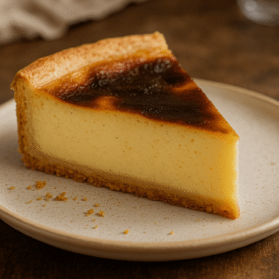 Part de flan pâtissier crémeux sur assiette en céramique, fond en bois sombre.