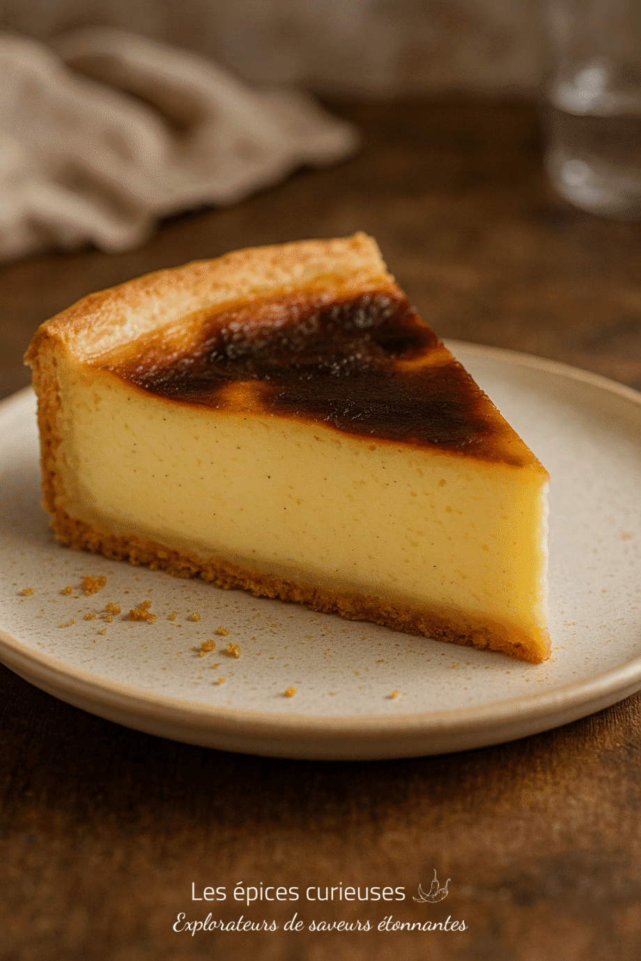 Part de flan pâtissier crémeux sur assiette en céramique, fond en bois sombre.