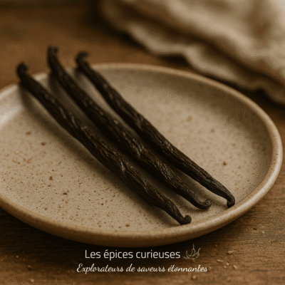 Gousses de vanille sur une assiette en céramique, installées sur une table en bois pour une ambiance rustique.