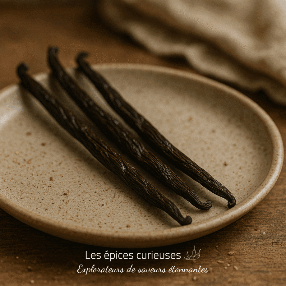 Gousses de vanille sur une assiette en céramique, installées sur une table en bois pour une ambiance rustique.