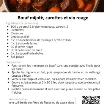 Recette de bœuf mijoté avec carottes et vin rouge, ingrédients et préparation pour un plat savoureux.