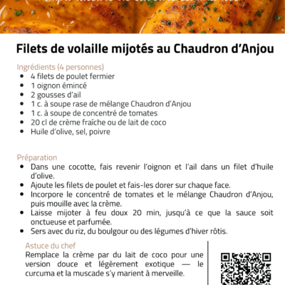 Recette de filets de poulet mijotés aux épices, parfaite avec du riz ou des légumes rôtis pour un repas savoureux.