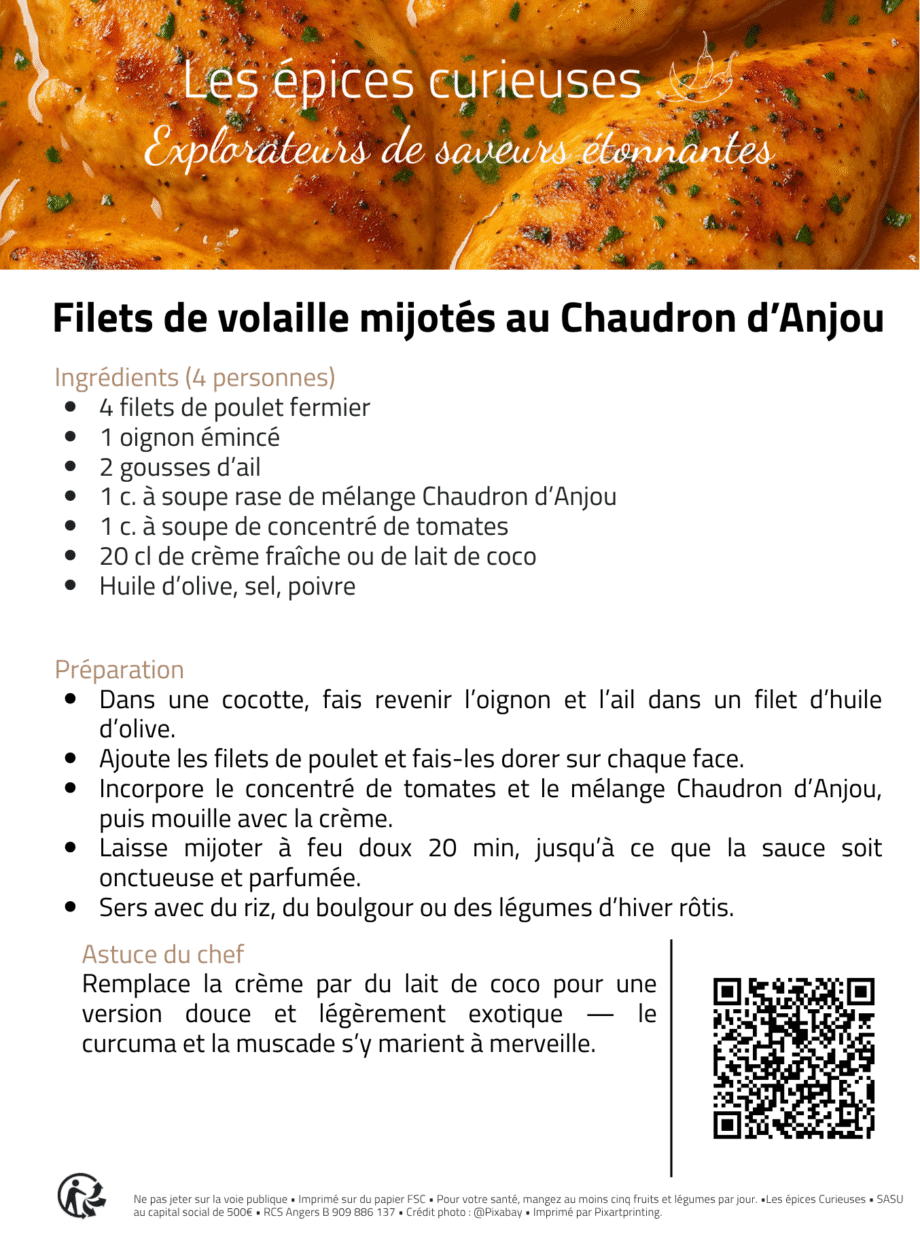 Recette de filets de poulet mijotés aux épices, parfaite avec du riz ou des légumes rôtis pour un repas savoureux.