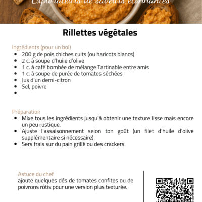 Recette de rillettes végétales aux pois chiches, idéale avec du pain grillé ou des crackers, par Les Épices Curieuses.