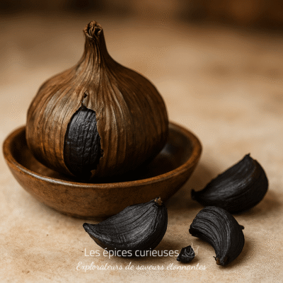 Ail noir fermenté sur un bol en bois avec gousses détachées, sur un fond neutre.