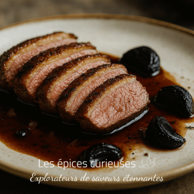 Tranches de magret de canard rosé avec sauce, accompagnées d'ail noir, servies sur une assiette en céramique.