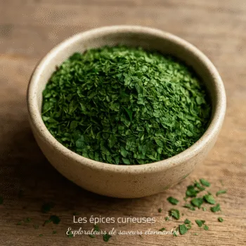 Bol de persil séché, parfait pour assaisonner les plats, sur une table en bois rustique.