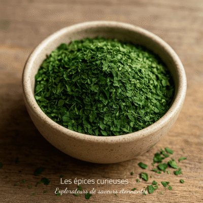 Bol de persil séché, parfait pour assaisonner les plats, sur une table en bois rustique.