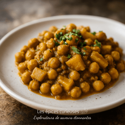 Plat de curry de pois chiches et pommes de terre, garni de coriandre, servi sur une assiette blanche.