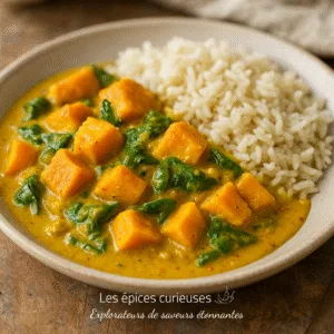 Curry de patates douces et épinards crémeux, servi avec du riz blanc moelleux dans une assiette en céramique.