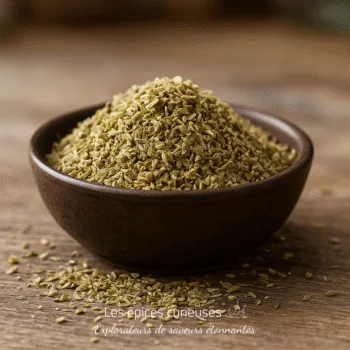 Bol de graines d'anis vert séchées sur une table en bois pour arômes de cuisine.