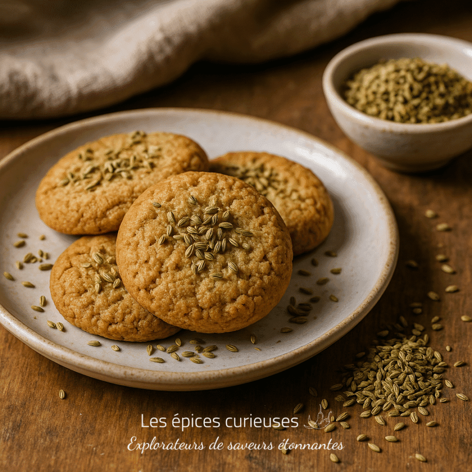 Biscuits dorés à l'anis sur une assiette, avec des graines d'anis éparpillées, sur une table en bois rustique.