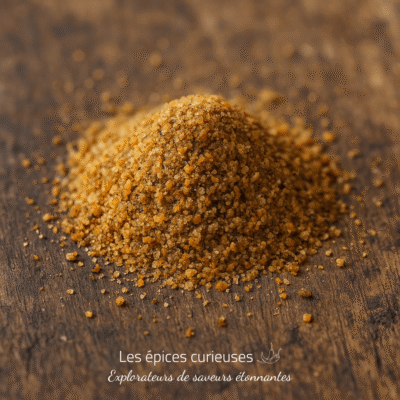 Tas de sucre brun sur fond bois, mise au point rapprochée, texture granuleuse et naturelle.