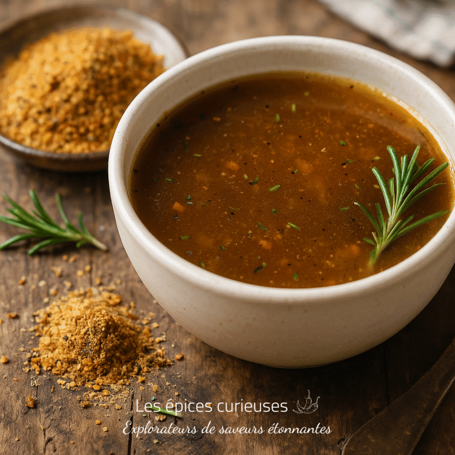 Bol de bouillon maison au romarin sur table rustique, épices en arrière-plan, repas réconfortant et sain.