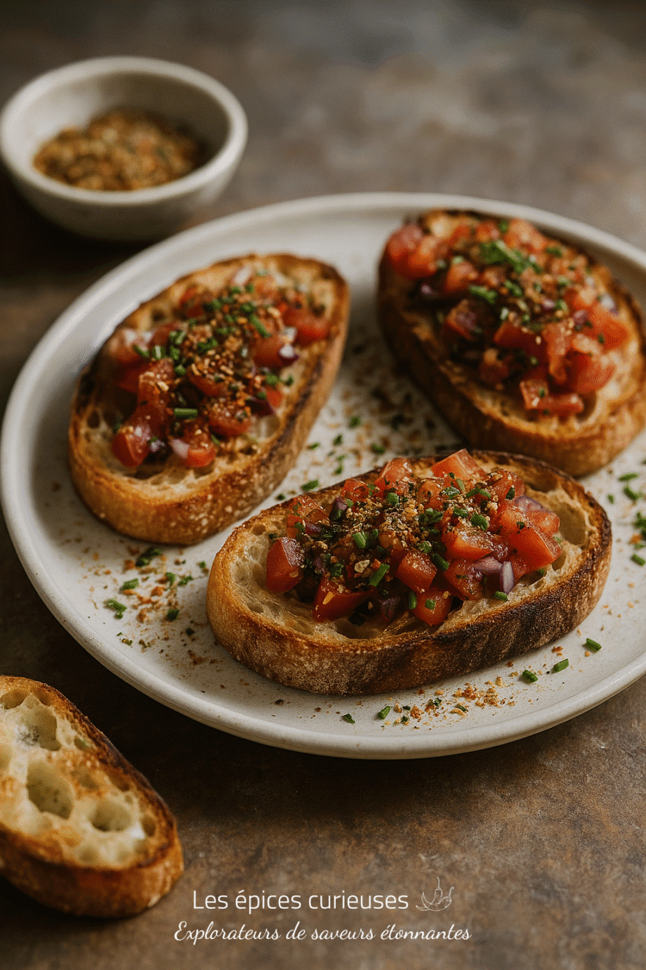 Tranches de bruschetta garnies de tomates fraîches, oignons rouges et herbes sur une assiette blanche rustique.
