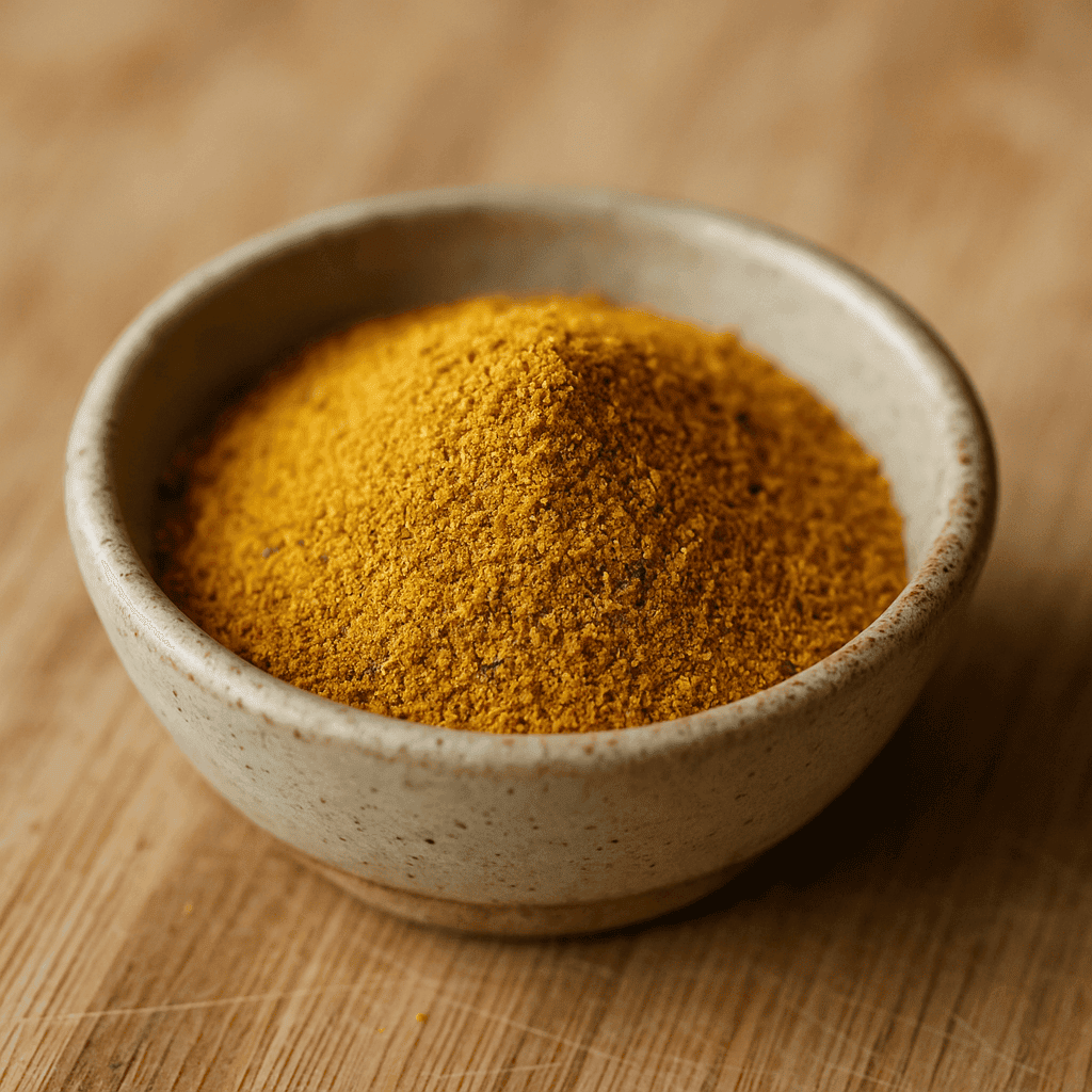 Bol de poudre de curry jaune sur planche en bois, épice exotique pour plats savoureux.