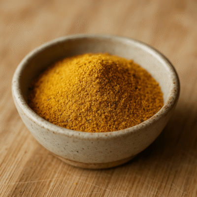 Bol de poudre de curry jaune sur planche en bois, épice exotique pour plats savoureux.