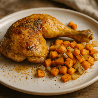 Poulet rôti tendre avec cubes de patates douces rôties, servi sur une assiette en bois rustique.