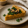 Part de tarte salée aux champignons et chou frisé sur une assiette en céramique, fond en bois rustique.