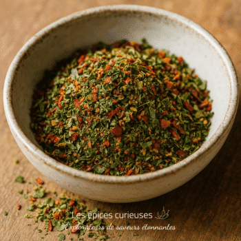 Bol de mélange d'épices colorées sur une table en bois, idéal pour rehausser plats et saveurs.