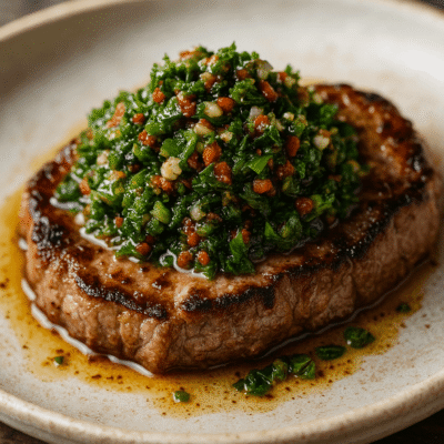 Steak juteux garni de chimichurri coloré, servi sur une assiette en céramique.