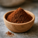 Bol en bois rempli de poudre de cacao sur une table en pierre, parfait pour recettes et desserts gourmands.