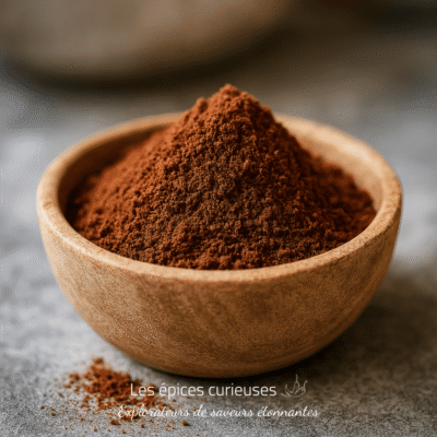 Bol en bois rempli de poudre de cacao sur une table en pierre, parfait pour recettes et desserts gourmands.