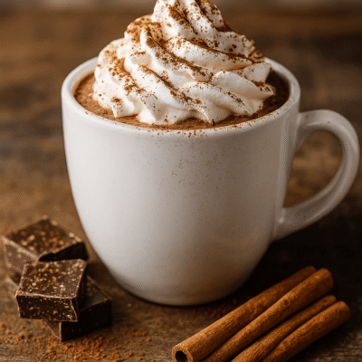Tasse de chocolat chaud avec crème fouettée, chocolat et cannelle sur table en bois.