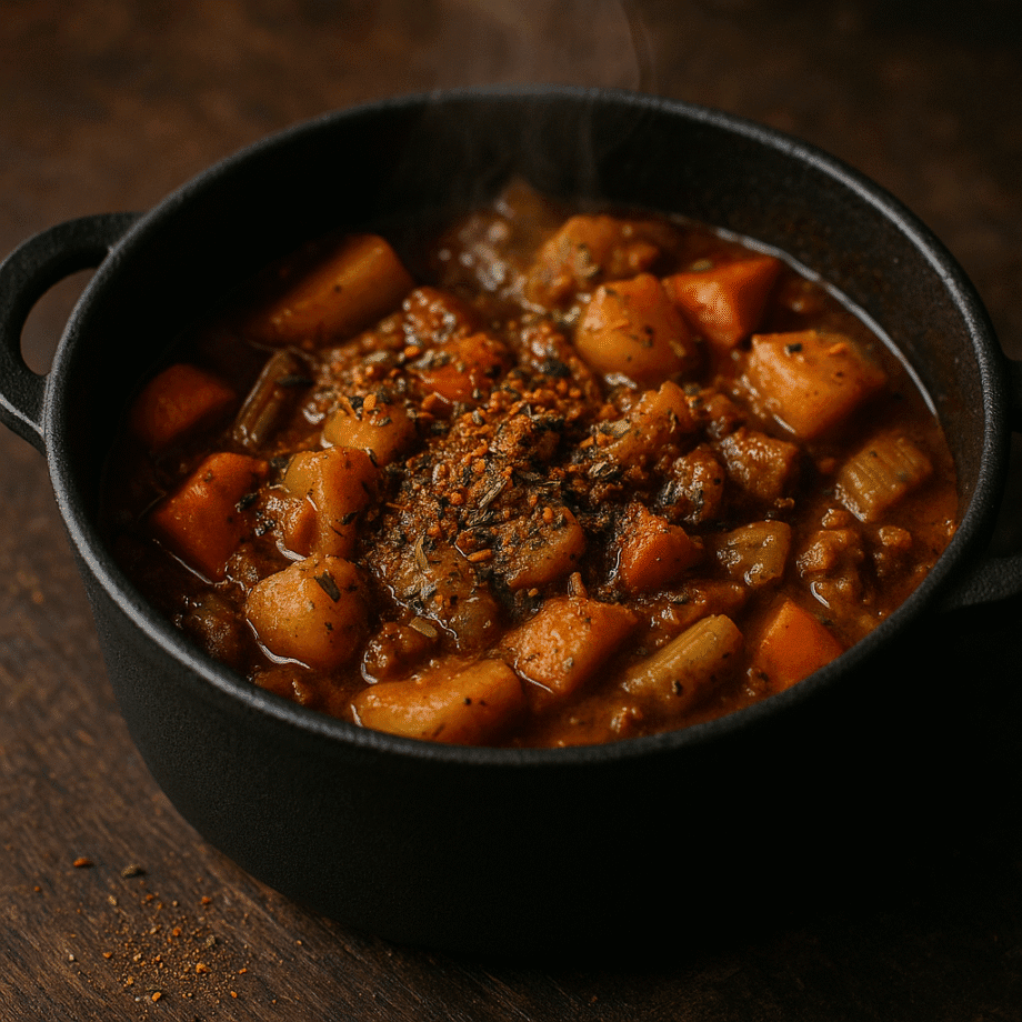 Ragoût de légumes mijoté dans une cocotte noire, parsemé d'épices pour un repas réconfortant et savoureux.