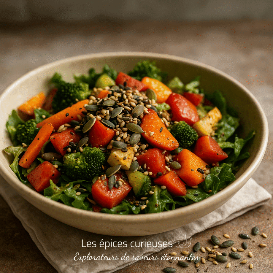 Salade colorée de légumes rôtis et graines sur un lit de laitue verte pour un repas sain et savoureux.