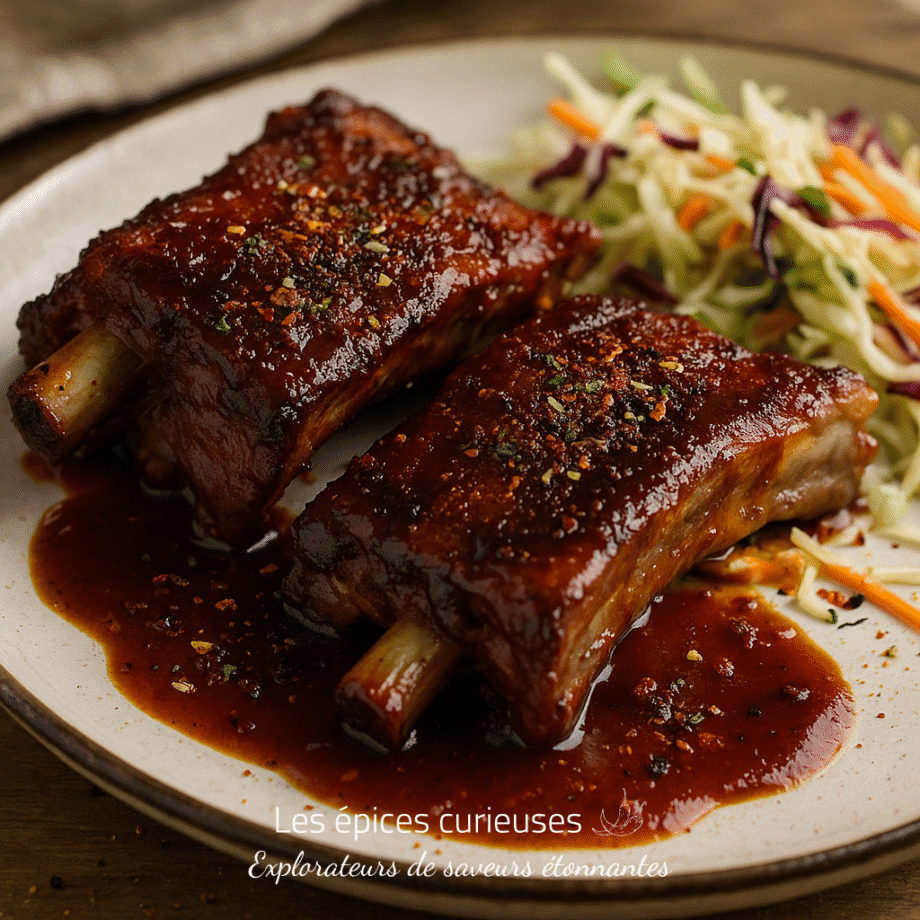 Côtes levées barbecue juteuses servies avec une salade de chou croquante sur une assiette rustique.