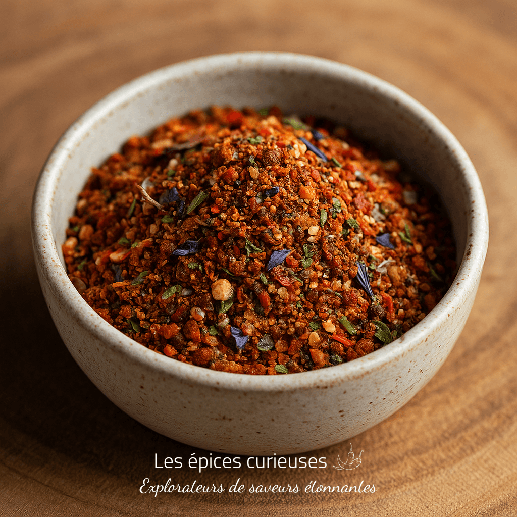 Bol de mélange d'épices coloré sur une table en bois, idéal pour relever vos plats.