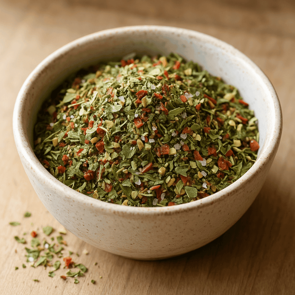 Bol de mélange d'épices et herbes séchées sur table en bois, idéal pour rehausser vos plats.