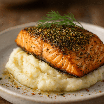 Saumon grillé aux herbes sur purée de pommes de terre crémeuse avec garniture d'aneth.