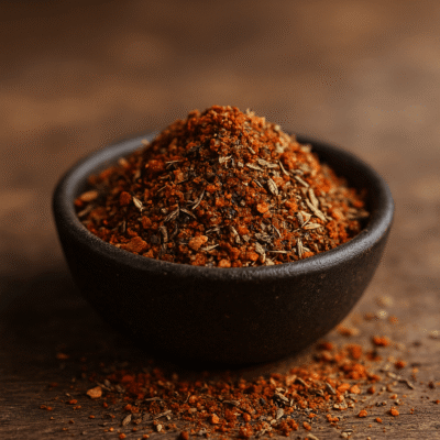 Bol rempli de mélange d'épices diverses sur surface en bois.