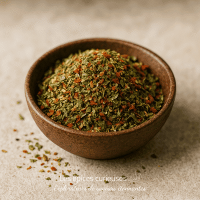 Bol de fines herbes et épices colorées sur fond neutre, prêt pour la cuisine.