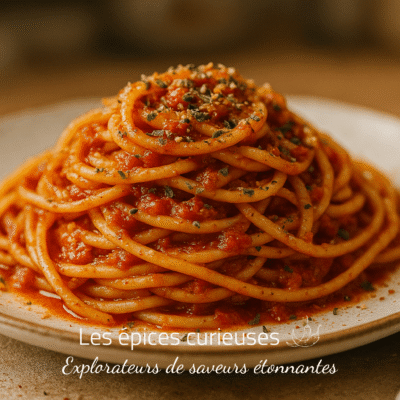 Plat de spaghetti à la sauce tomate, garni de persil, sur une assiette en céramique. Repas italien savoureux.