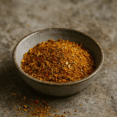 Bol de mélange d'épices colorées sur fond rustique, idéal pour assaisonner vos plats savoureux.