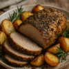 Rôti de porc aux herbes, accompagné de pommes de terre rôties et branches de romarin frais. Repas savoureux et rustique.