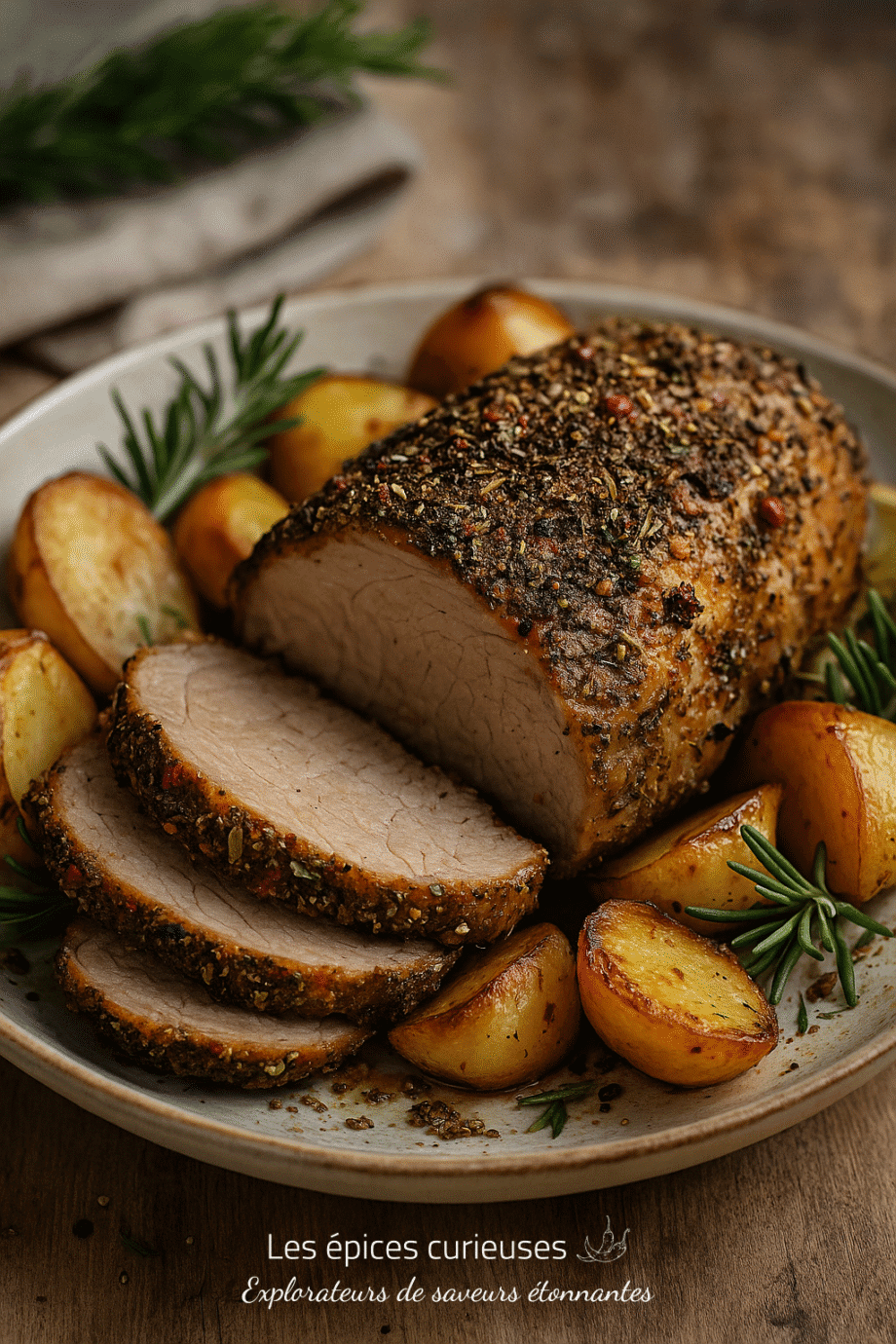 Rôti de porc aux herbes, accompagné de pommes de terre rôties et branches de romarin frais. Repas savoureux et rustique.