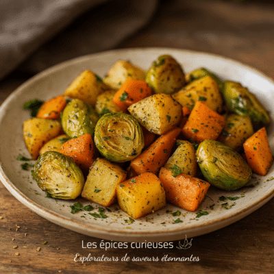 Assiette de légumes rôtis : choux de Bruxelles, carottes et pommes de terre, assaisonnés aux herbes.