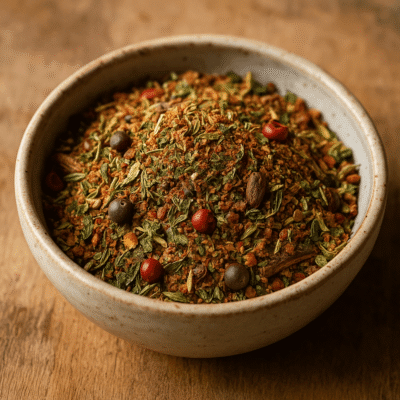 Assortiment d'épices colorées dans un bol en céramique sur fond en bois, ajoutant saveur et arôme aux plats.