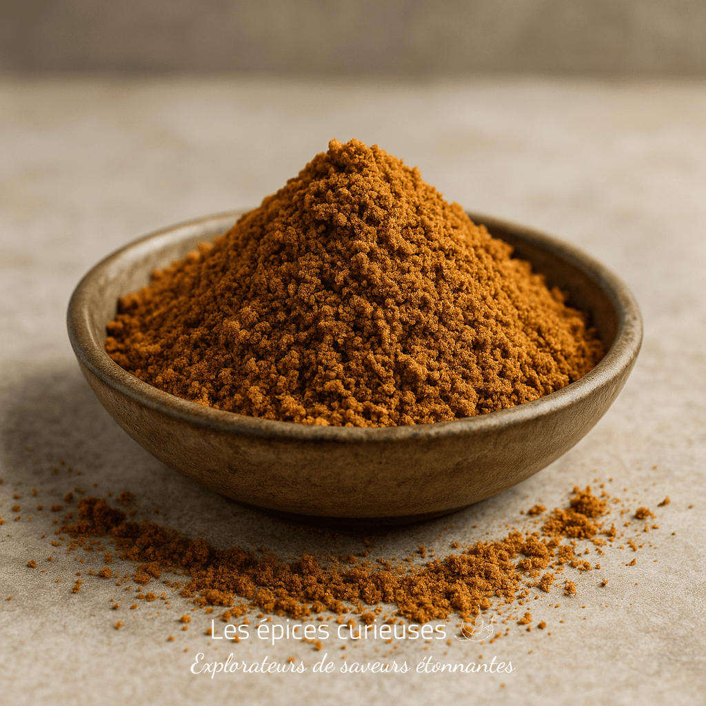 Bol en céramique rempli de poudre d'épices brun orangé sur une surface en pierre.