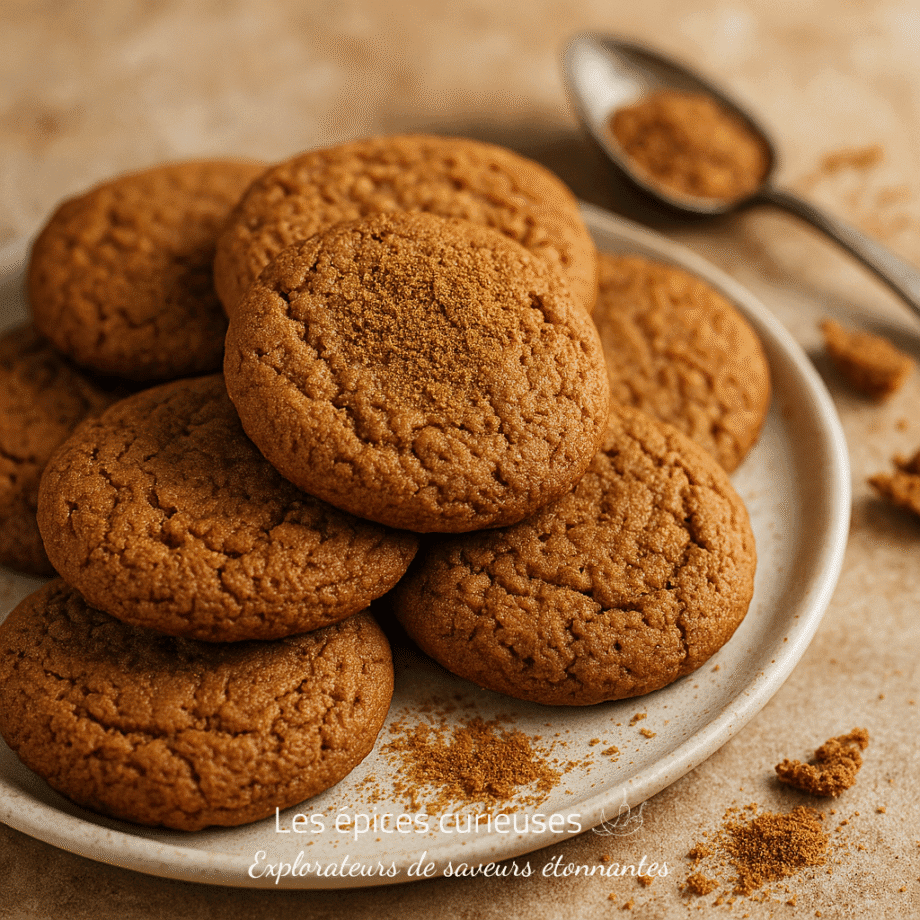 Biscuits au gingembre faits maison sur une assiette blanche avec une cuillère d'épices sur le côté.