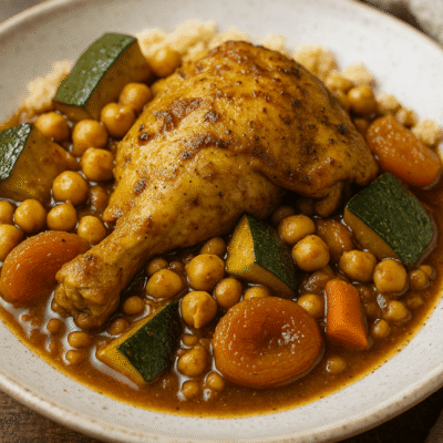 Plat de couscous avec poulet, pois chiches, carottes et courgettes dans une assiette sur une table en bois.