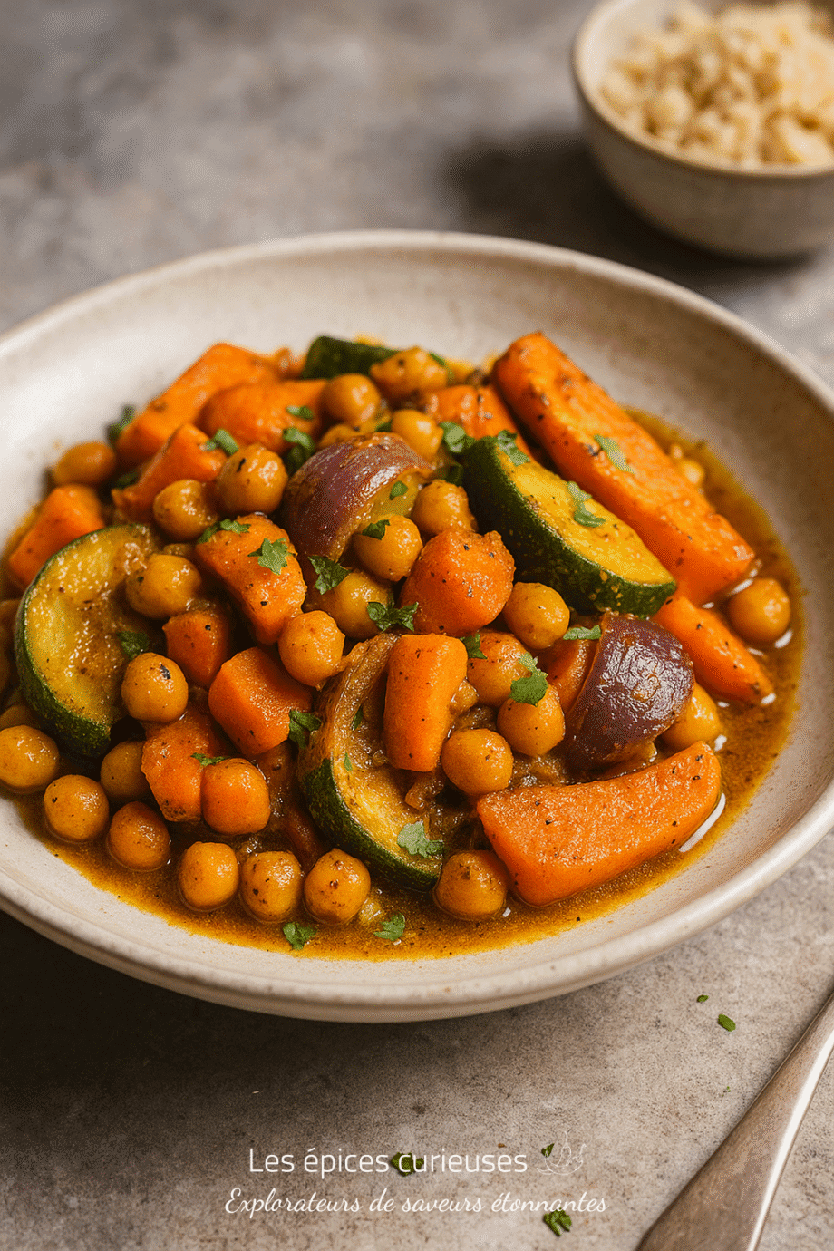 Plat de légumes mijotés avec pois chiches, carottes et courgettes, servi dans un bol en céramique.