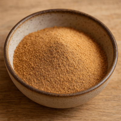 Bol en céramique rempli de poudre de sucre de coco sur une table en bois.